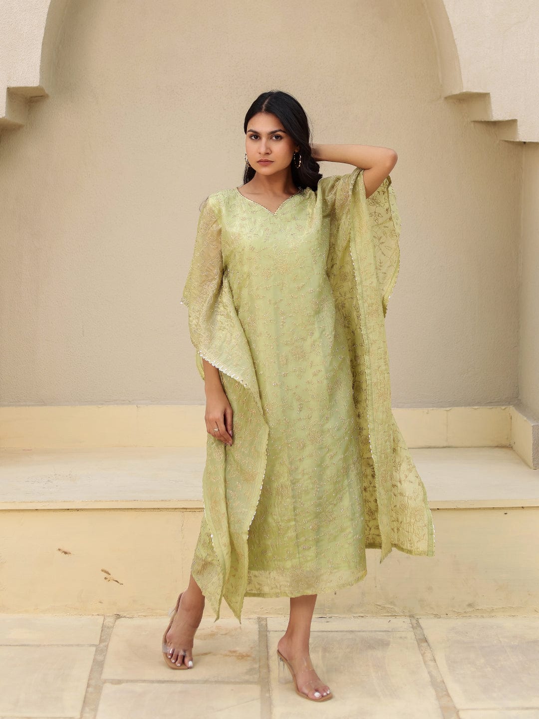 The Kaftan Company Kurta Lime Green Embroidered Viscose Silk Kaftan Kurta