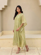 The Kaftan Company Kurta Lime Green Embroidered Viscose Silk Kaftan Kurta