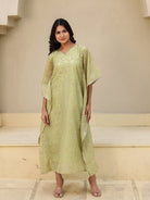 The Kaftan Company Kurta Lime Green Embroidered Viscose Silk Kaftan Kurta