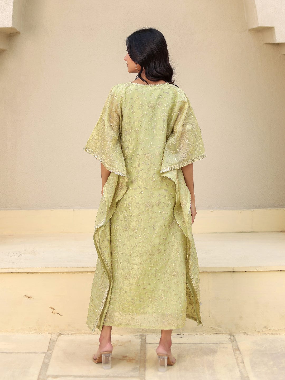Lime Green Embroidered Viscose Silk Kaftan Kurta M