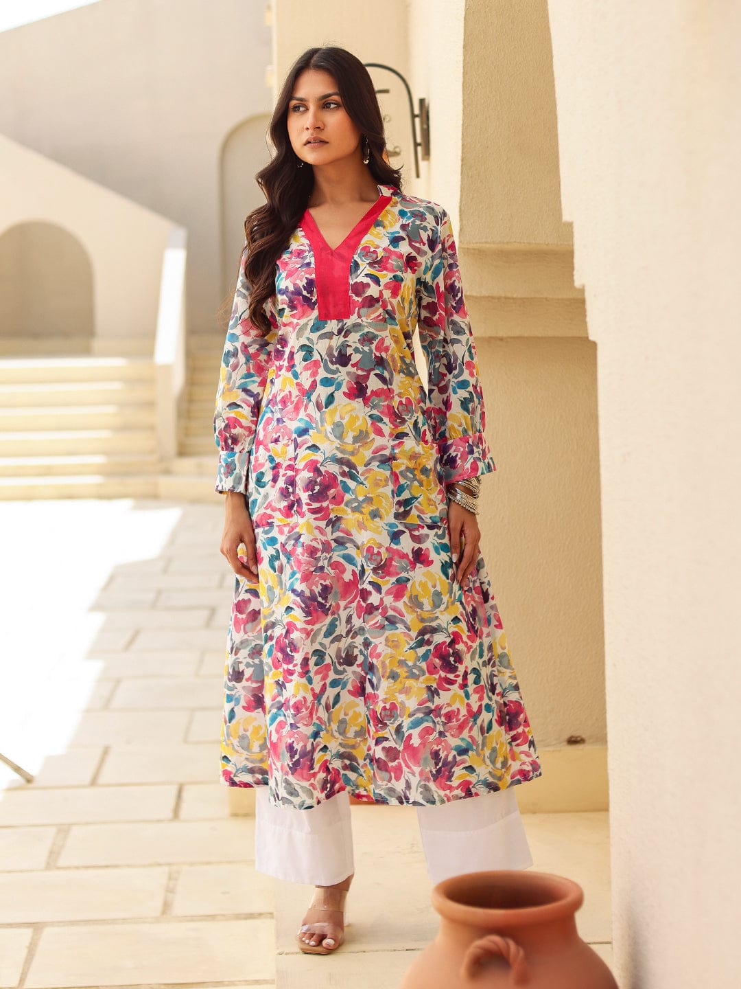 The Kaftan Company Kurta Multi-Color Floral Print Cotton A-Line Kurta