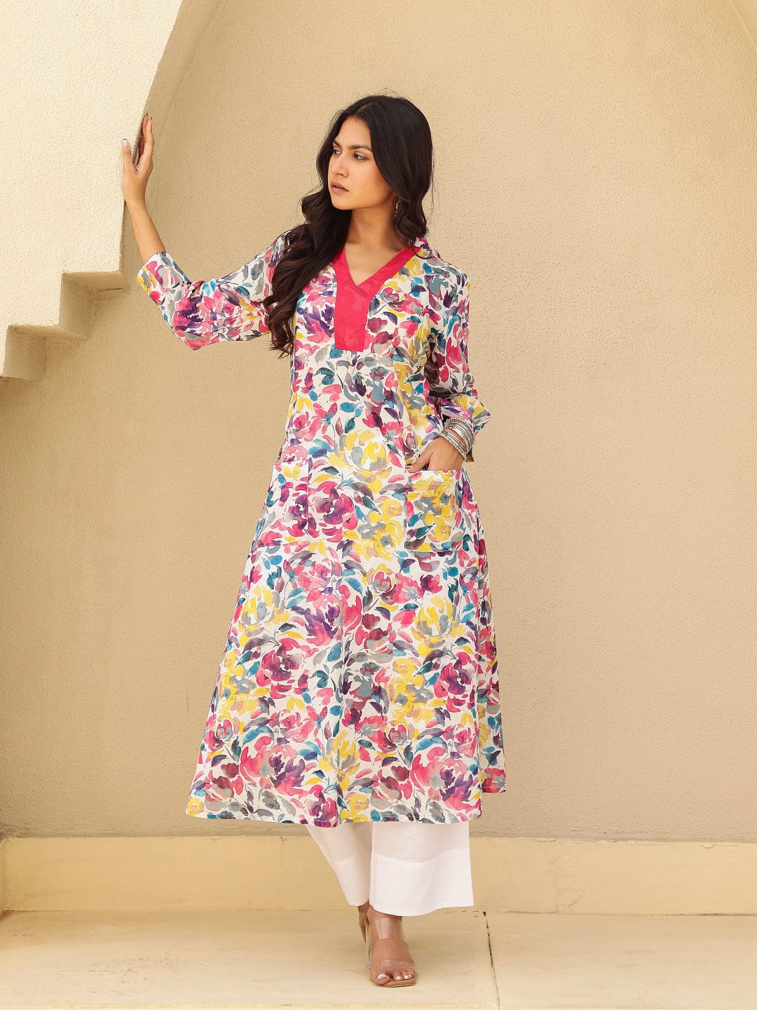 The Kaftan Company Kurta Multi-Color Floral Print Cotton A-Line Kurta