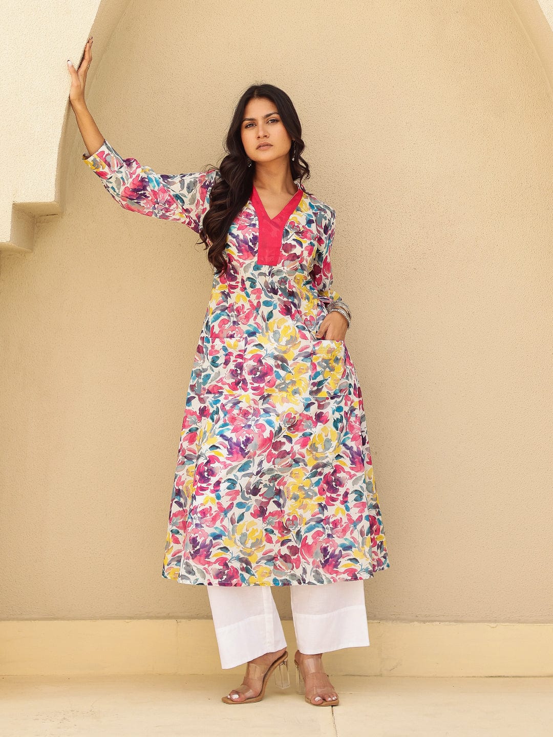 The Kaftan Company Kurta Multi-Color Floral Print Cotton A-Line Kurta