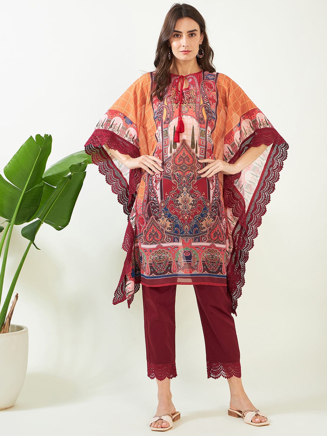 The Kaftan Company Kurta Mustard Checks Delight Georgette Kaftan