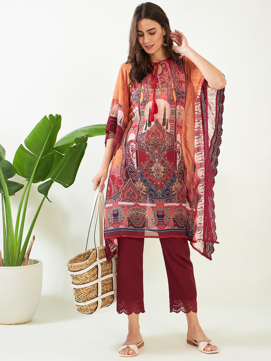 The Kaftan Company Kurta Mustard Checks Delight Georgette Kaftan