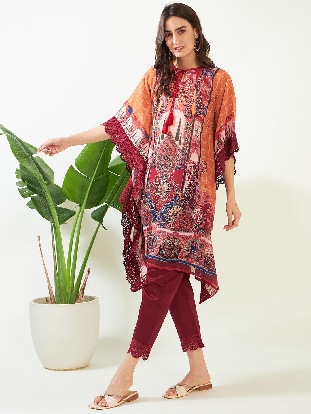 The Kaftan Company Kurta Mustard Checks Delight Georgette Kaftan