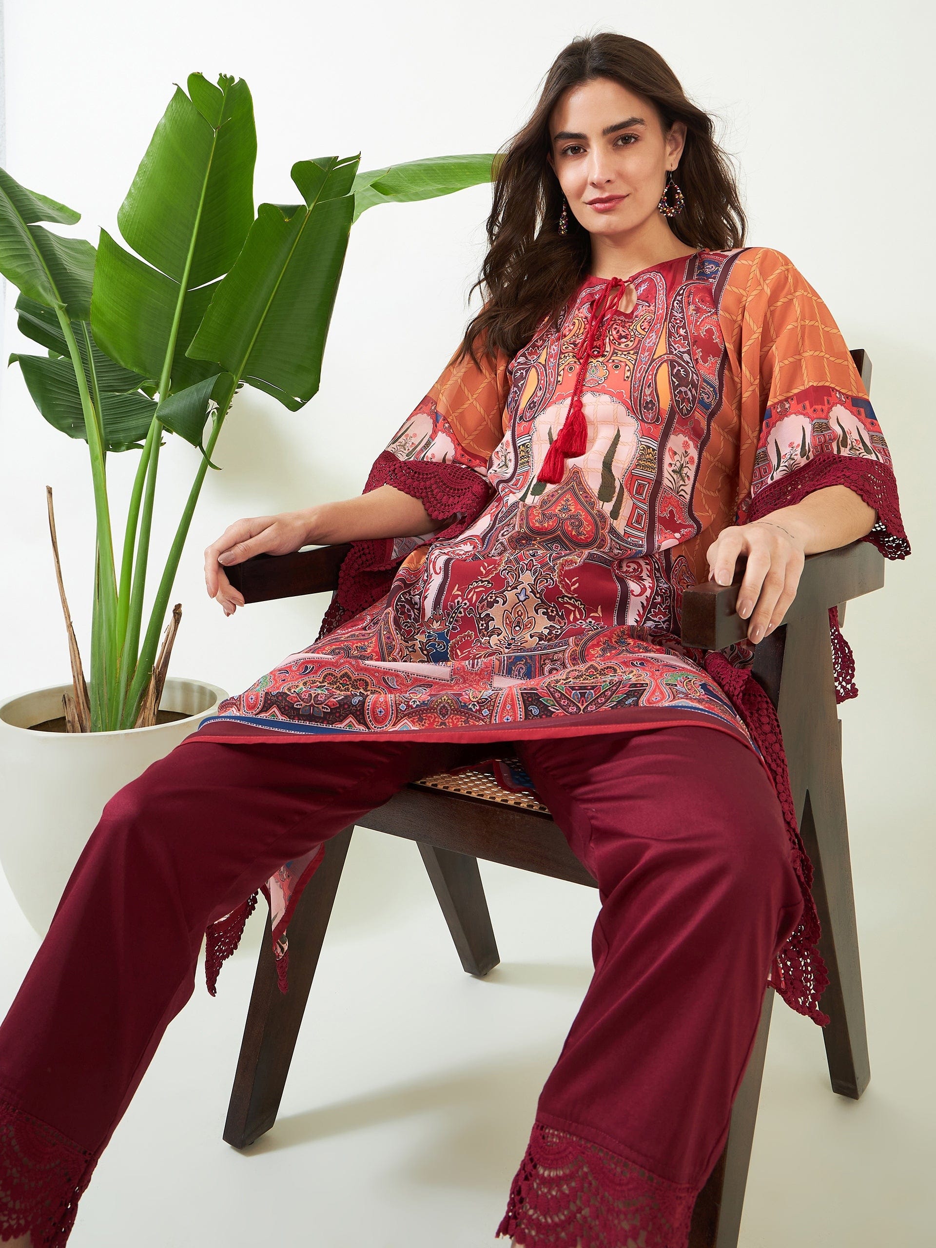 The Kaftan Company Kurta Mustard Checks Delight Georgette Kaftan