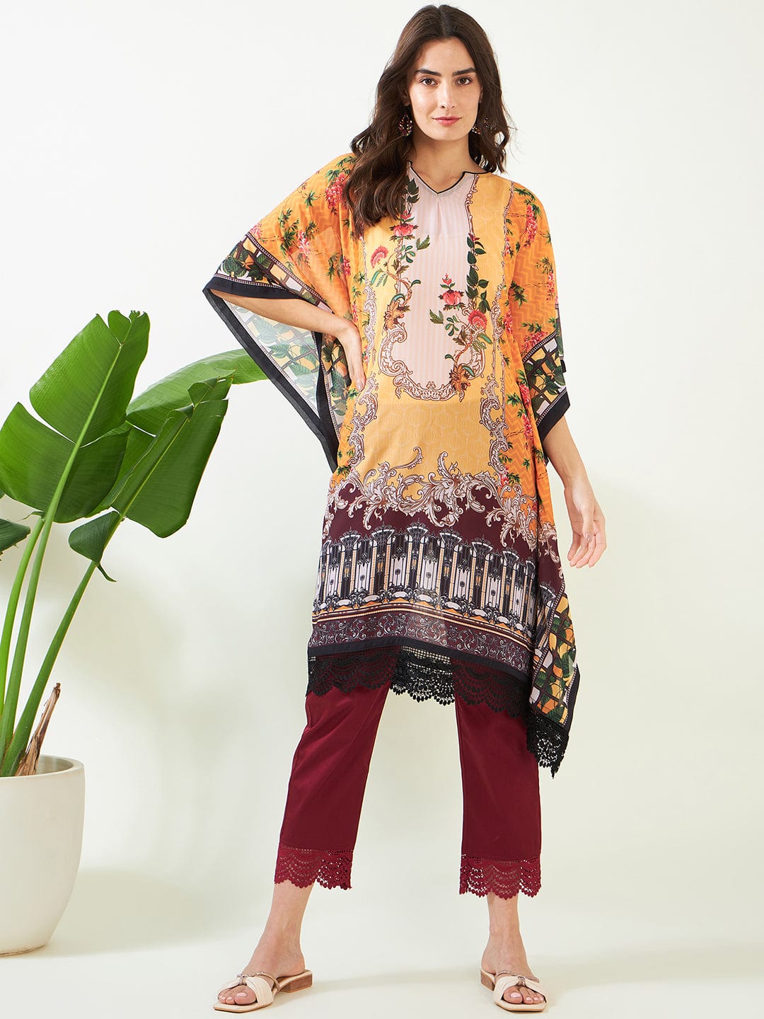 The Kaftan Company Kurta Mustard Geometric Bloom Georgette Kaftan