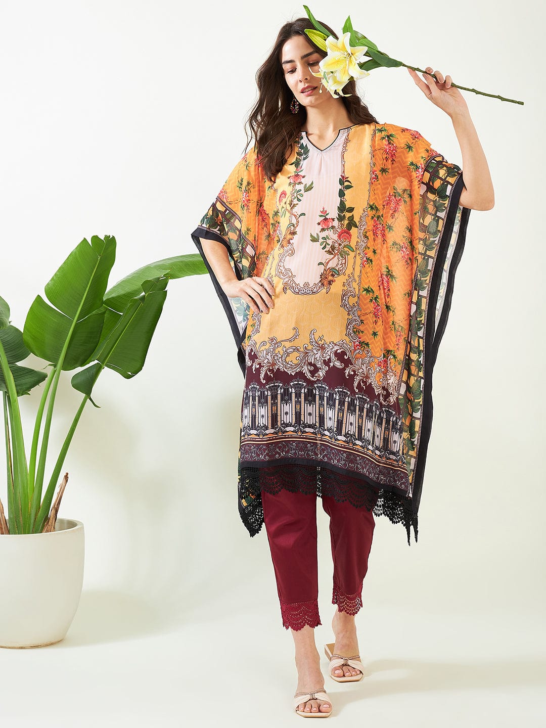 The Kaftan Company Kurta Mustard Geometric Bloom Georgette Kaftan