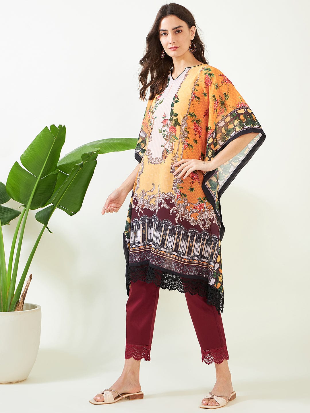 The Kaftan Company Kurta Mustard Geometric Bloom Georgette Kaftan
