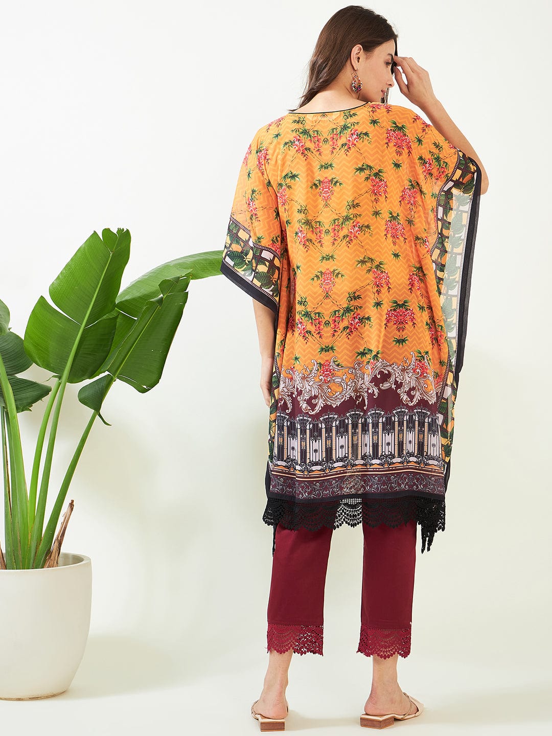 The Kaftan Company Kurta Mustard Geometric Bloom Georgette Kaftan