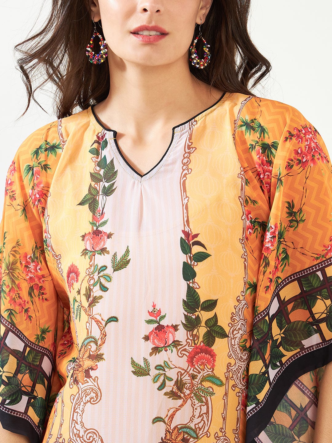 The Kaftan Company Kurta Mustard Geometric Bloom Georgette Kaftan