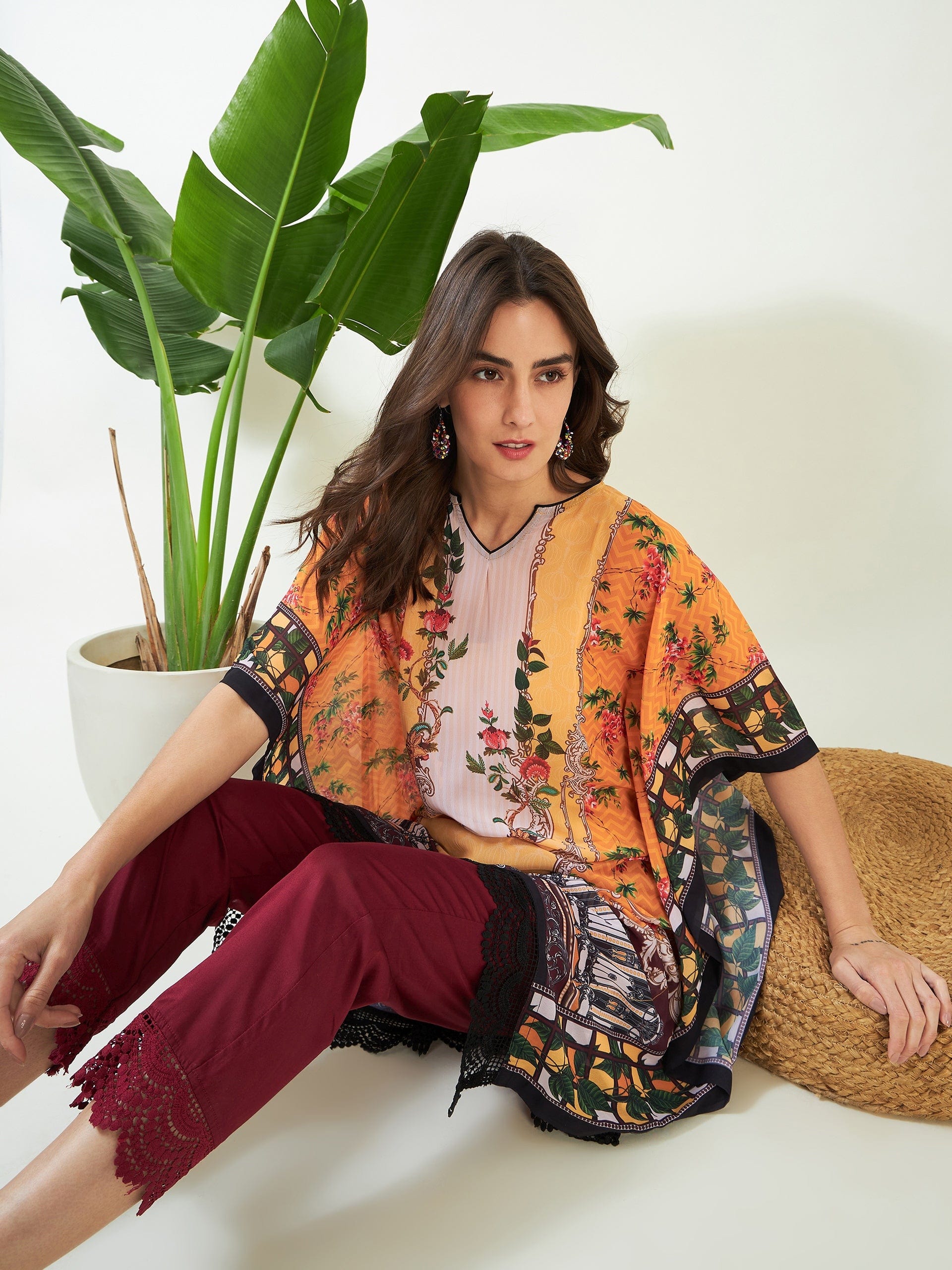 The Kaftan Company Kurta Mustard Geometric Bloom Georgette Kaftan