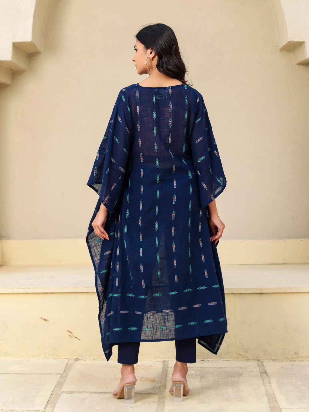 The Kaftan Company Kurta Navy Blue Ikat Print Cotton Kaftan Kurta With V-Neck