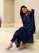 The Kaftan Company Kurta Navy Blue Ikat Print Cotton Kaftan Kurta With V-Neck