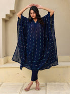 The Kaftan Company Kurta Navy Blue Ikat Print Cotton Kaftan Kurta With V-Neck