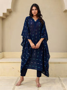 The Kaftan Company Kurta Navy Blue Ikat Print Cotton Kaftan Kurta With V-Neck
