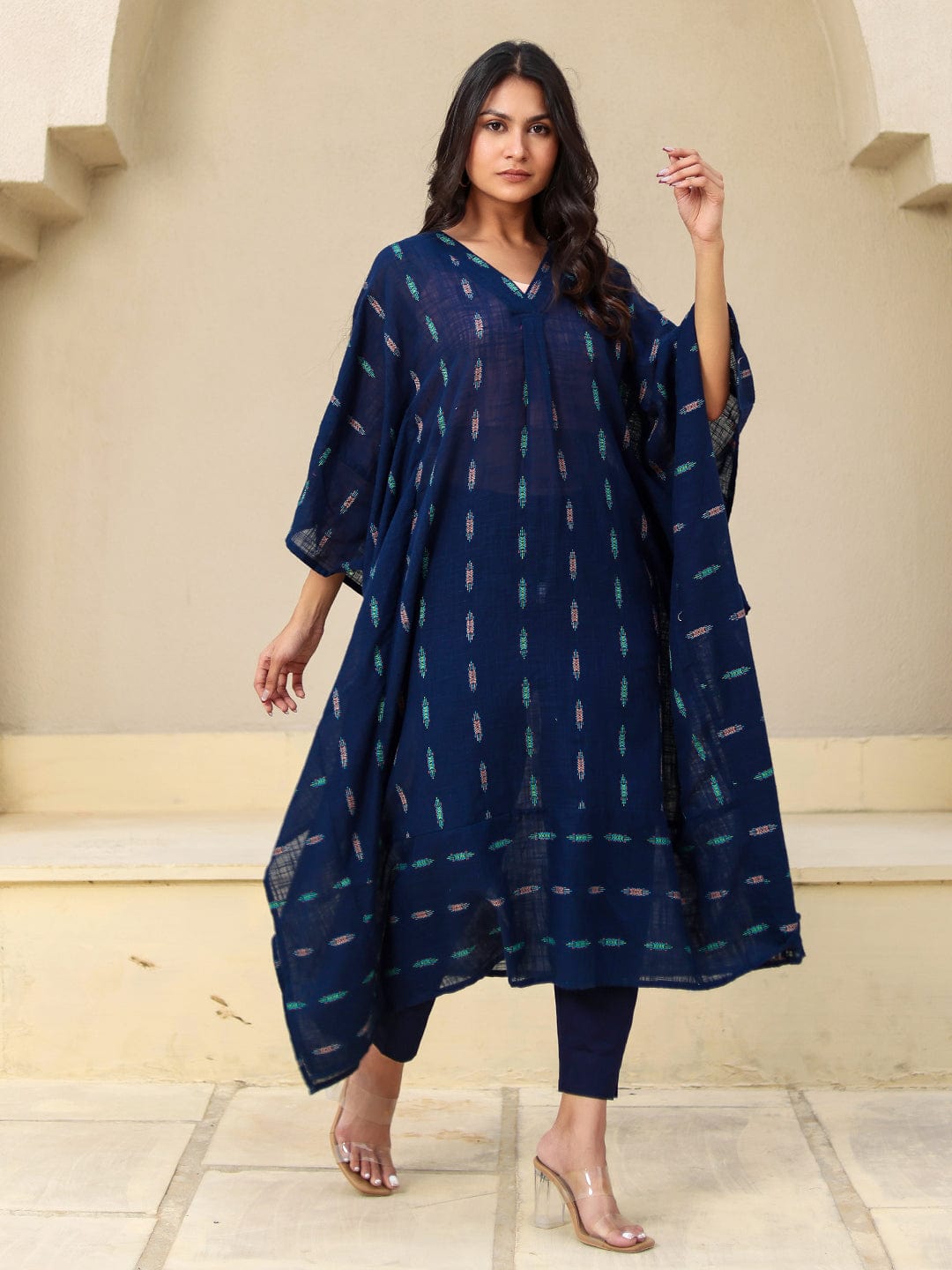 The Kaftan Company Kurta Navy Blue Ikat Print Cotton Kaftan Kurta With V-Neck