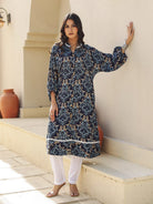 The Kaftan Company Kurta Navy Ikat Print Viscose Kurta with Lace Detail