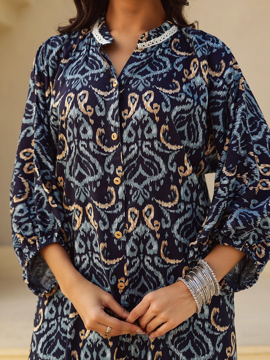 The Kaftan Company Kurta Navy Ikat Print Viscose Kurta with Lace Detail