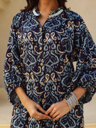 The Kaftan Company Kurta Navy Ikat Print Viscose Kurta with Lace Detail