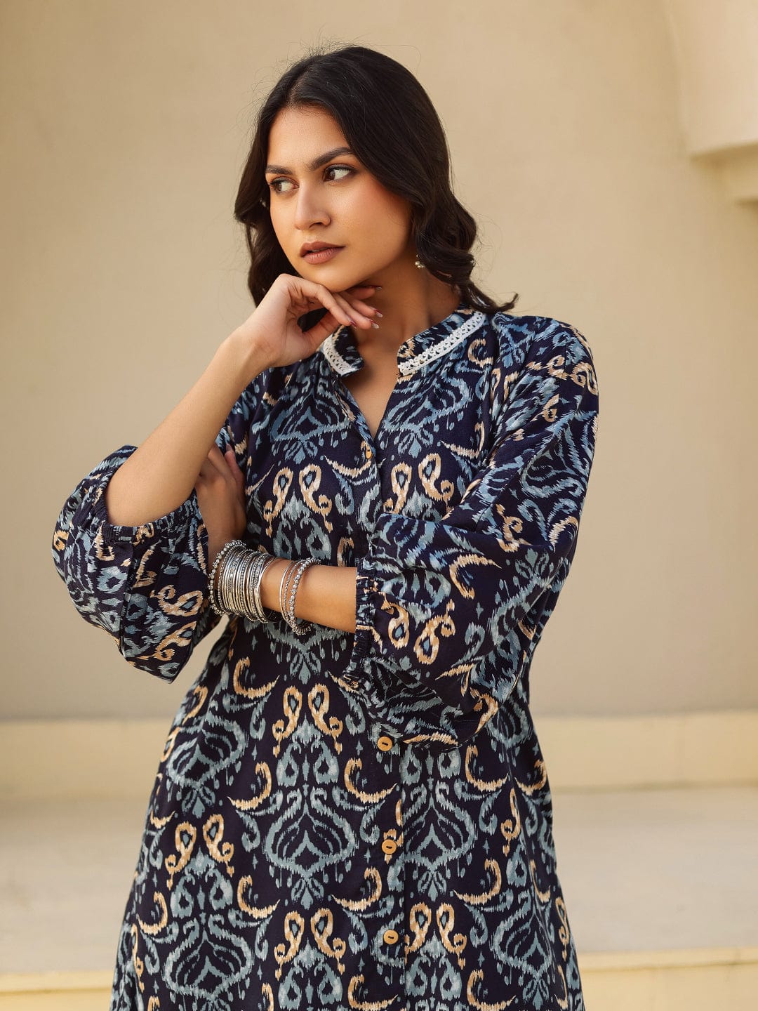 The Kaftan Company Kurta Navy Ikat Print Viscose Kurta with Lace Detail