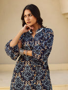 The Kaftan Company Kurta Navy Ikat Print Viscose Kurta with Lace Detail