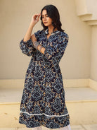 The Kaftan Company Kurta Navy Ikat Print Viscose Kurta with Lace Detail