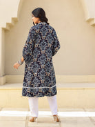 The Kaftan Company Kurta Navy Ikat Print Viscose Kurta with Lace Detail