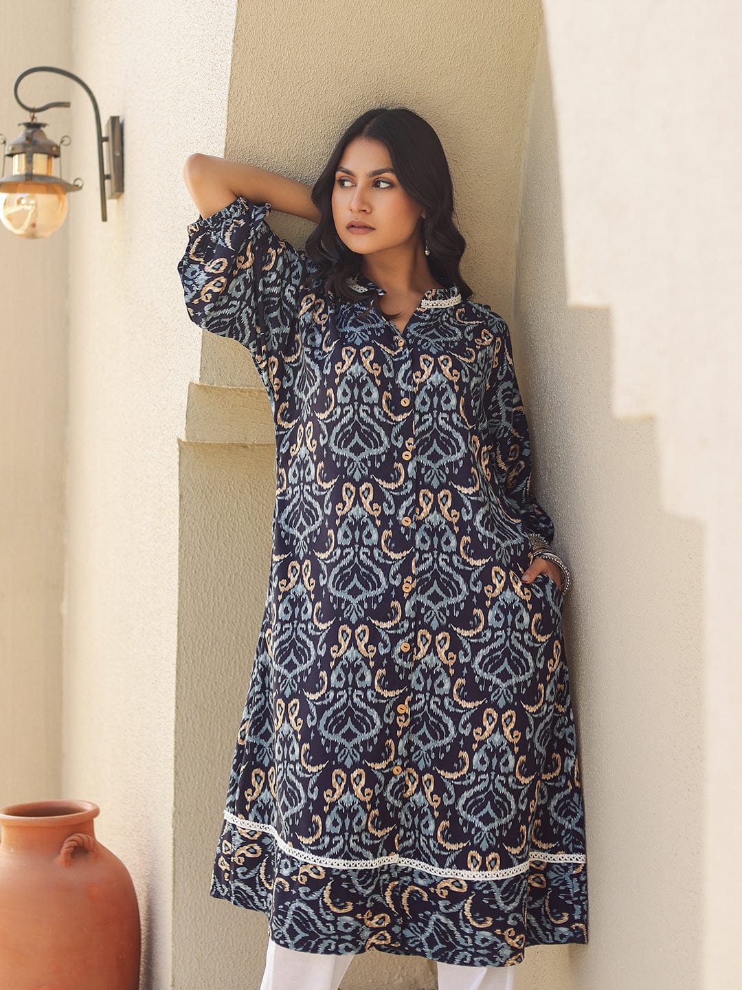 The Kaftan Company Kurta Navy Ikat Print Viscose Kurta with Lace Detail