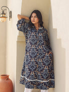 The Kaftan Company Kurta Navy Ikat Print Viscose Kurta with Lace Detail
