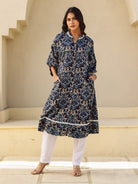 The Kaftan Company Kurta Navy Ikat Print Viscose Kurta with Lace Detail