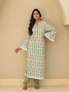 The Kaftan Company Kurta Off White Block Print Cotton Kurta With Lace Trim