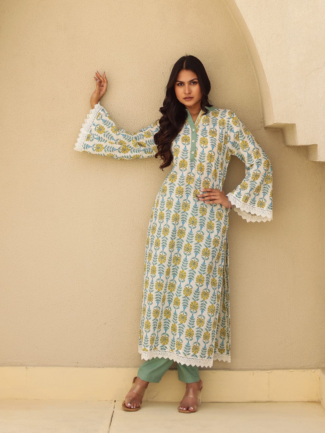 The Kaftan Company Kurta Off White Block Print Cotton Kurta With Lace Trim
