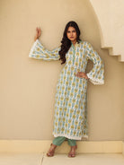 The Kaftan Company Kurta Off White Block Print Cotton Kurta With Lace Trim