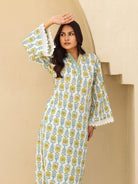 The Kaftan Company Kurta Off White Block Print Cotton Kurta With Lace Trim