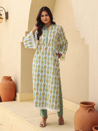 The Kaftan Company Kurta Off White Block Print Cotton Kurta With Lace Trim