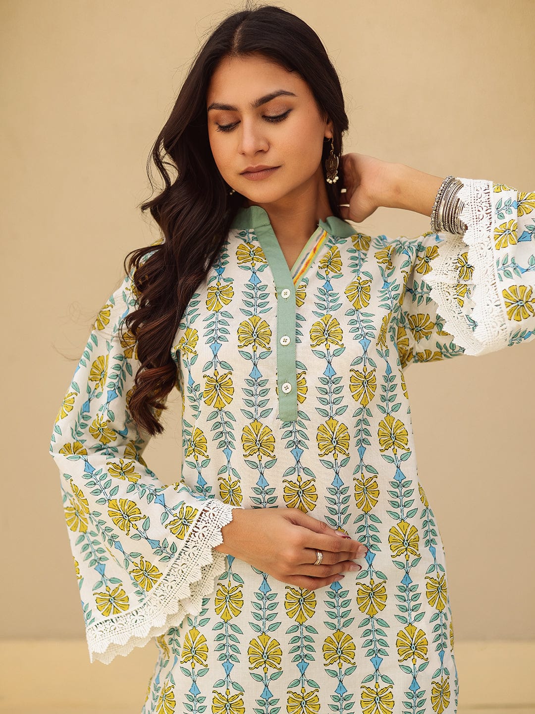 The Kaftan Company Kurta Off White Block Print Cotton Kurta With Lace Trim
