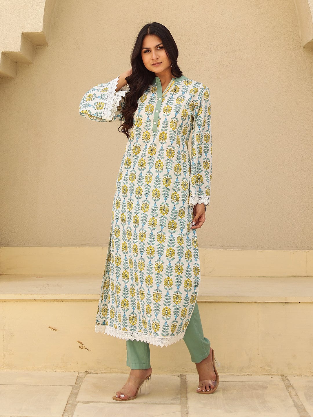 The Kaftan Company Kurta Off White Block Print Cotton Kurta With Lace Trim