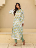 The Kaftan Company Kurta Off White Block Print Cotton Kurta With Lace Trim