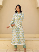 The Kaftan Company Kurta Off White Block Print Cotton Kurta With Lace Trim