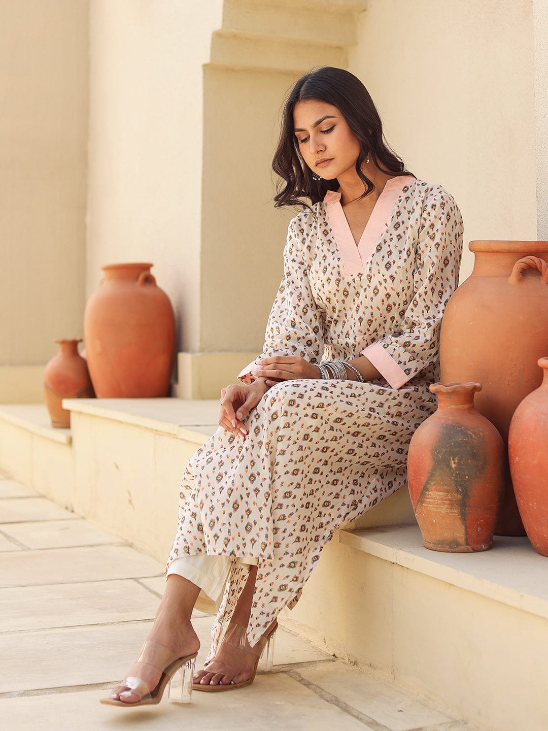 The Kaftan Company Kurta Off White Printed A-Line Cotton Kurta with Pink Contrast