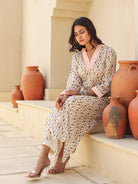 The Kaftan Company Kurta Off White Printed A-Line Cotton Kurta with Pink Contrast