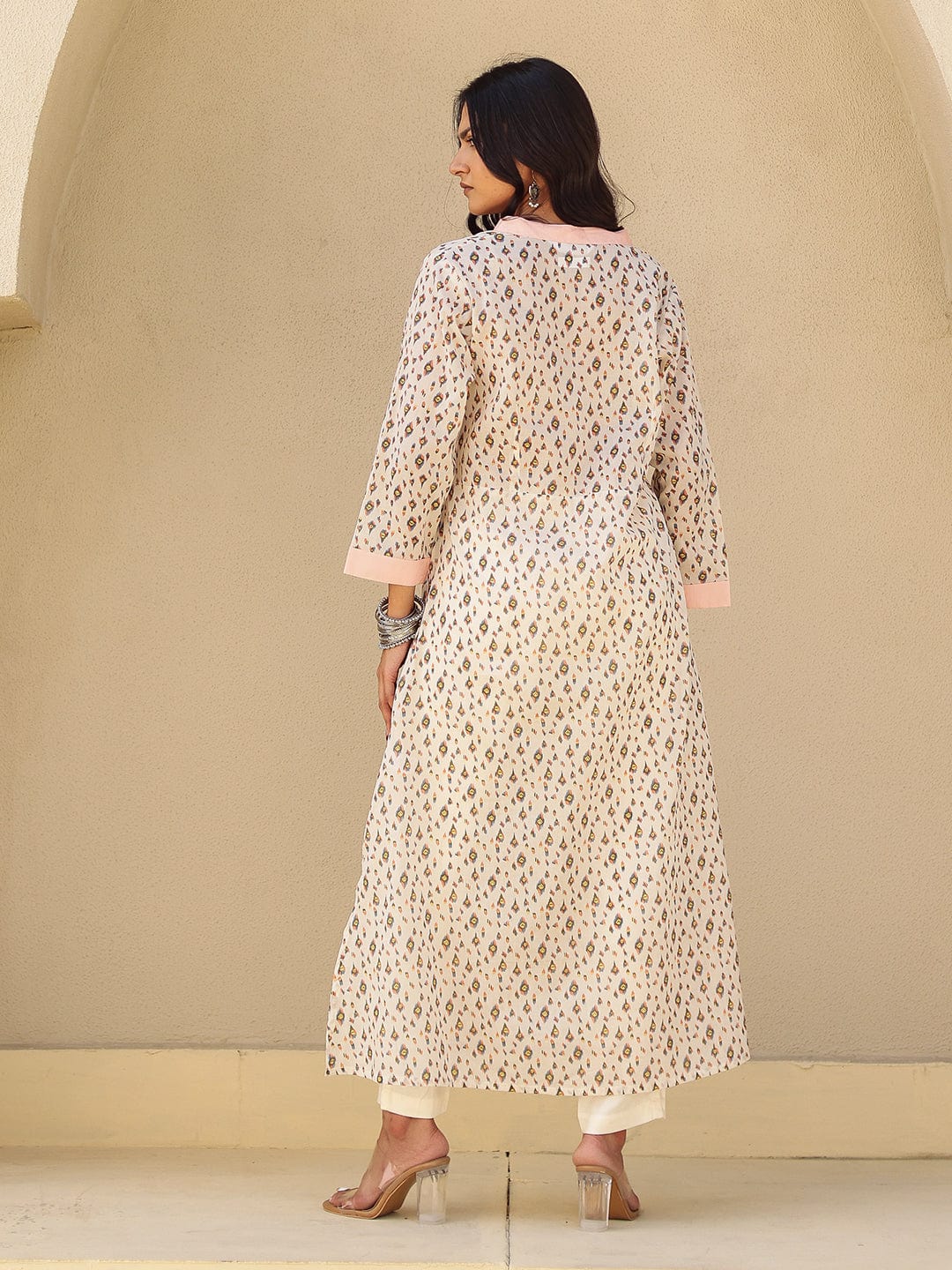 The Kaftan Company Kurta Off White Printed A-Line Cotton Kurta with Pink Contrast