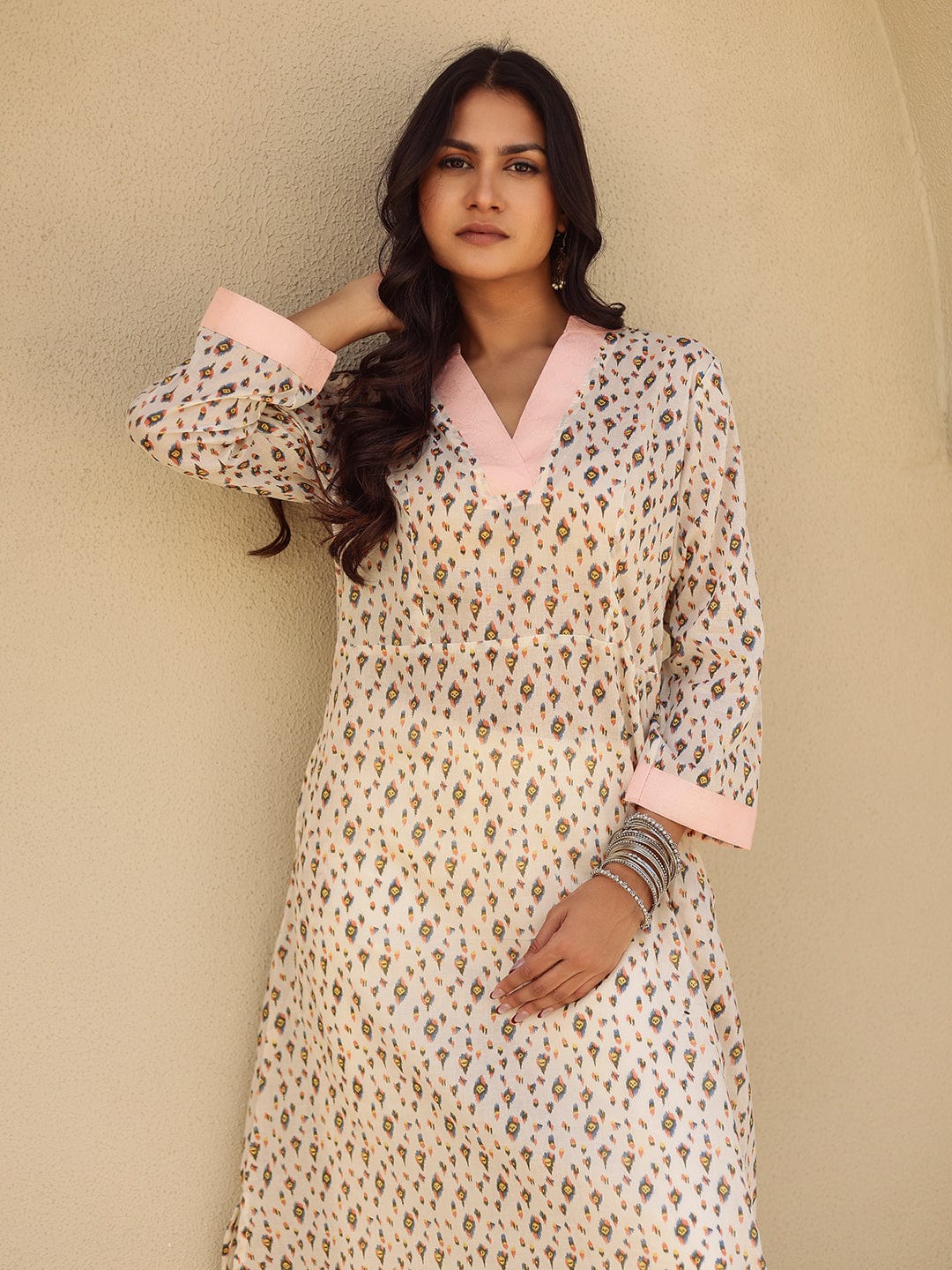 The Kaftan Company Kurta Off White Printed A-Line Cotton Kurta with Pink Contrast