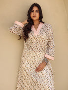 The Kaftan Company Kurta Off White Printed A-Line Cotton Kurta with Pink Contrast