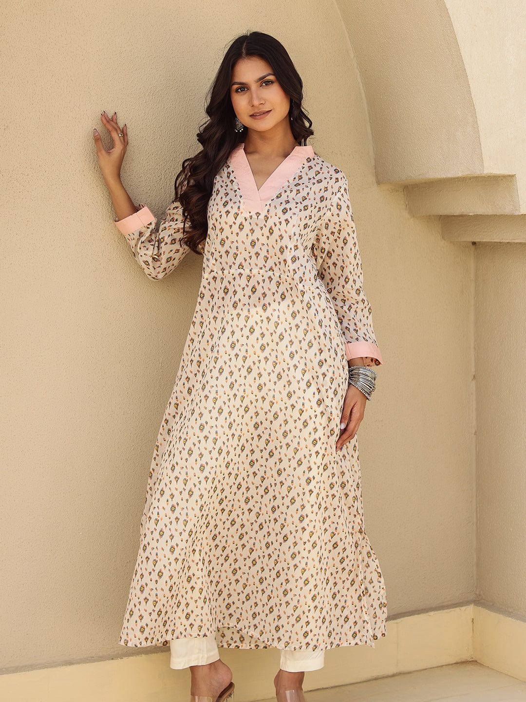 Off White Printed A-Line Cotton Kurta with Pink Contrast S Off White Printed A-Line Cotton Kurta with Pink Contrast S