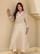 The Kaftan Company Kurta Off White Printed A-Line Cotton Kurta with Pink Contrast