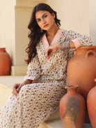 The Kaftan Company Kurta Off White Printed A-Line Cotton Kurta with Pink Contrast