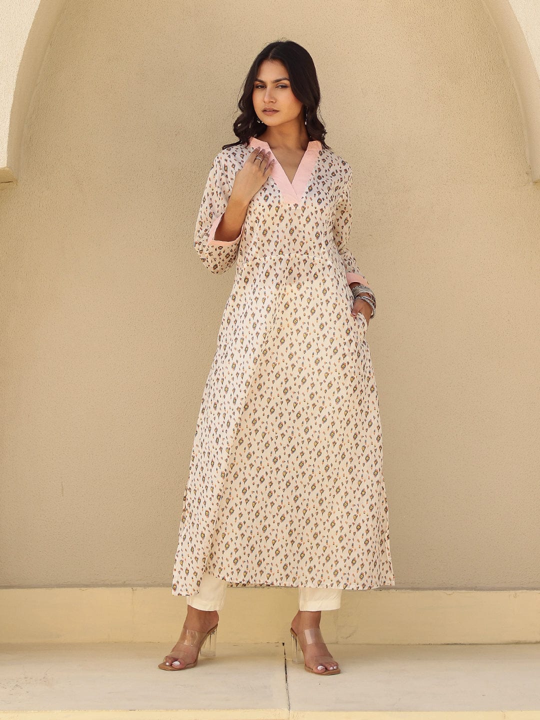 The Kaftan Company Kurta Off White Printed A-Line Cotton Kurta with Pink Contrast